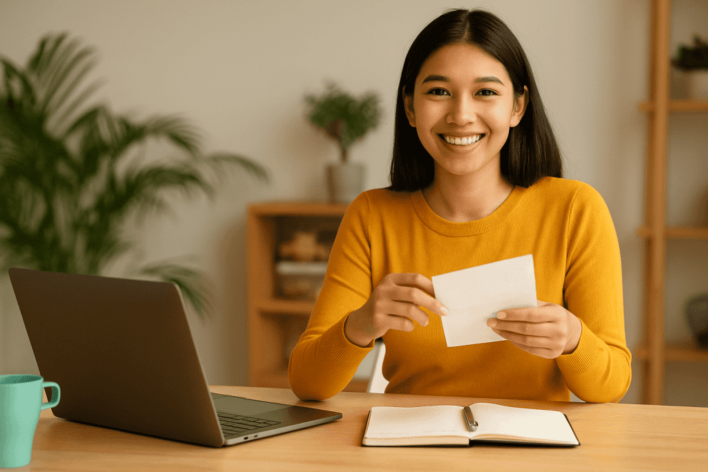 Filipino woman budgeting at home with laptop, cash envelope, and notebook — Budgeting Tips Philippines