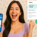 Cheerful young Filipino holding a smartphone showing Hustle PH App with GCash payout notification, tokens, coins, and spinner wheel icons for online earnings tutorial.